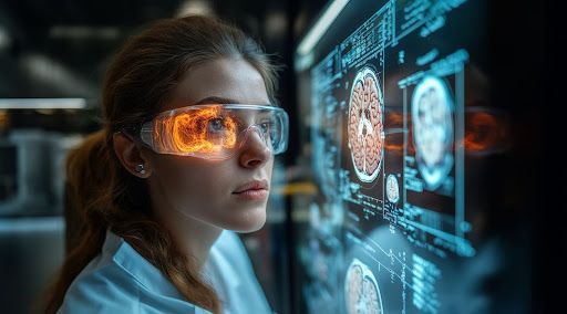 A woman wearing virtual reality glasses is looking at a computer screen.