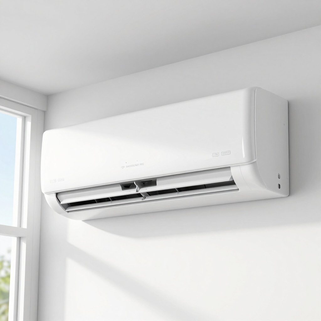 White wall-mounted air conditioner in a bright room near a window