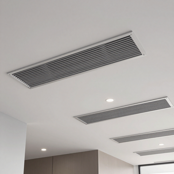 Wall-mounted white air conditioner above a black TV on a white wall