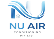 NU AIR Conditioning logo in blue with a wave design and snowflake icon on a white background