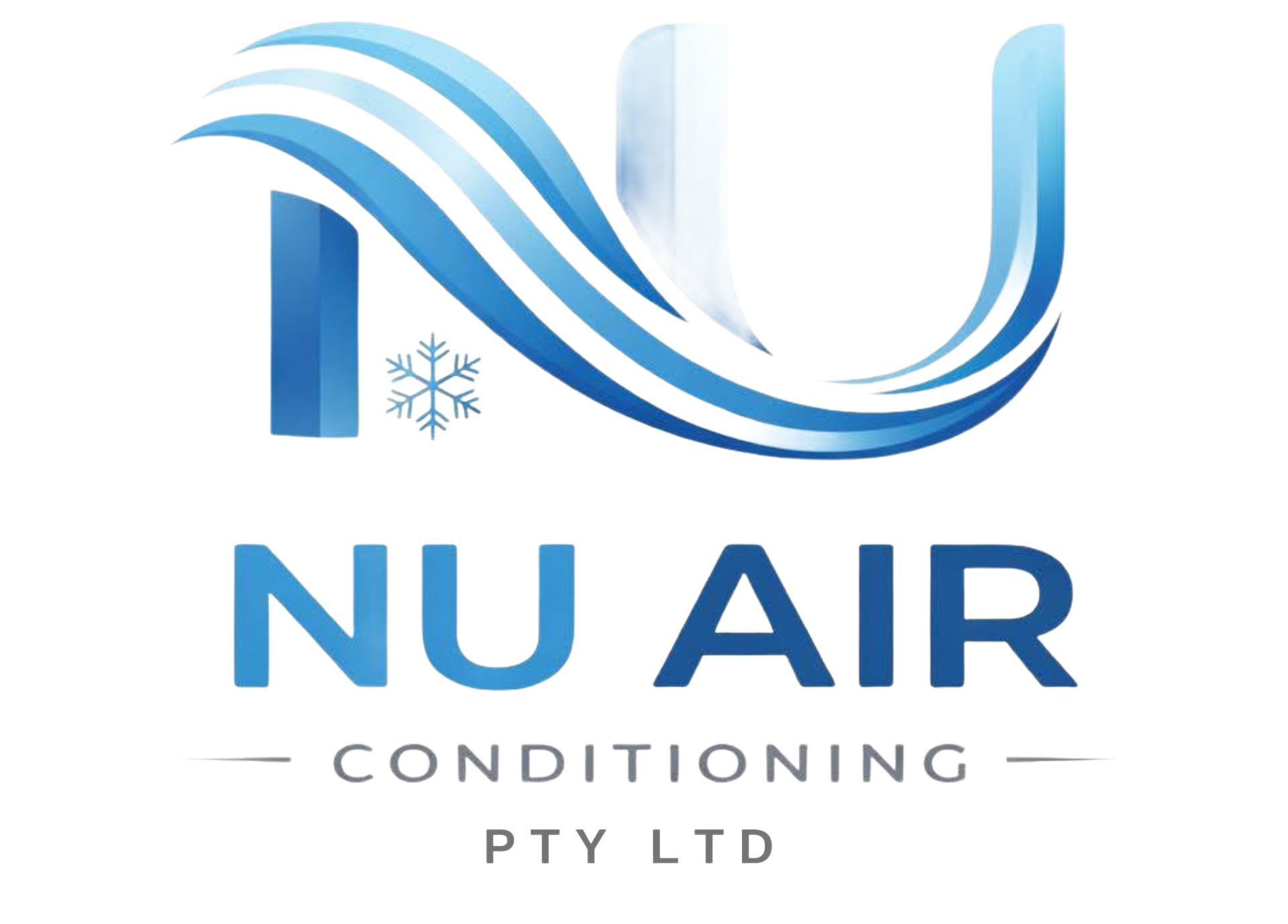 NU AIR Conditioning logo in blue with a wave design and snowflake icon on a white background