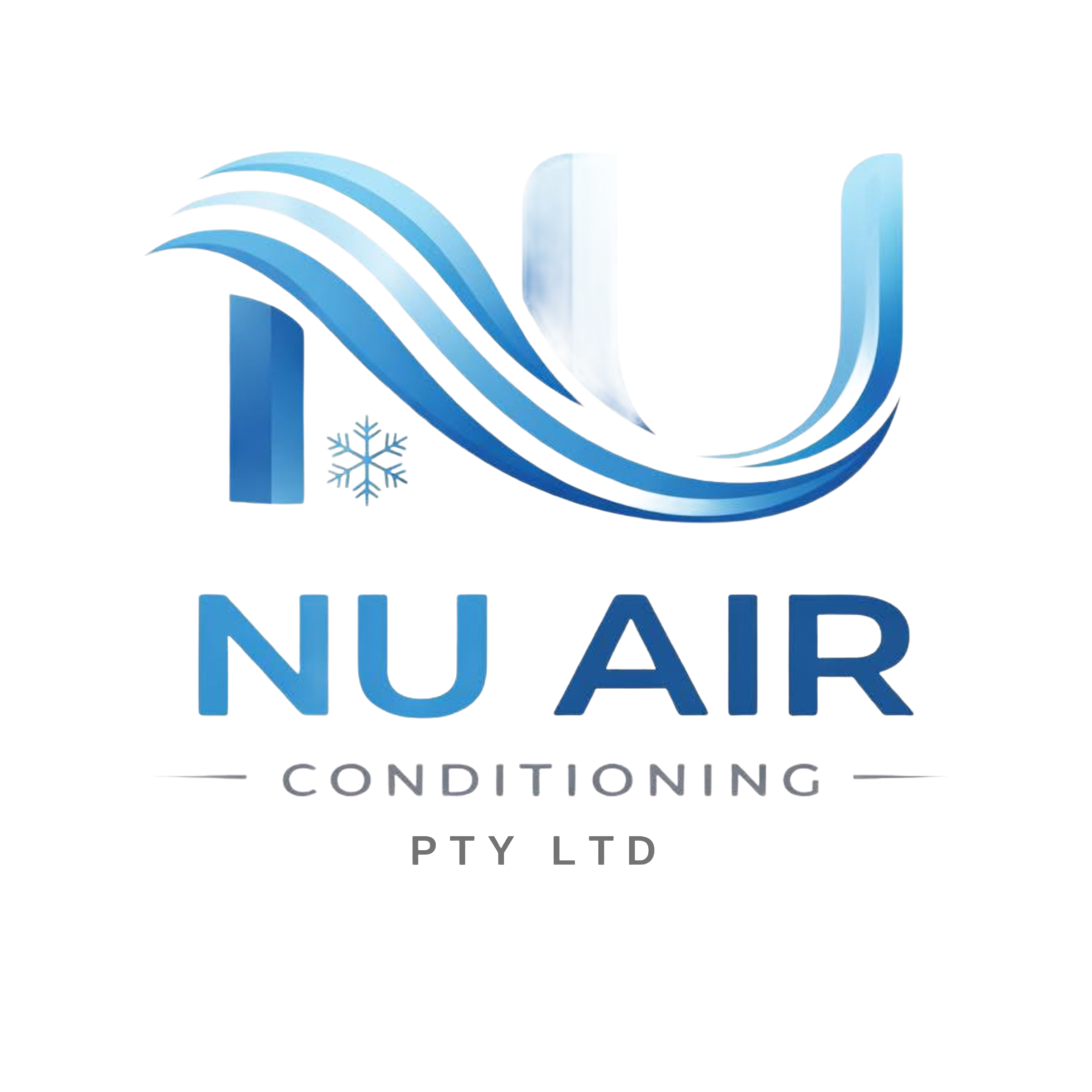 NU AIR Conditioning logo with blue swoosh and snowflake icon, white background, PTY LTD text