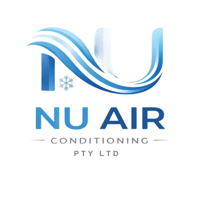 NU AIR Conditioning logo with blue swoosh and snowflake icon, white background, PTY LTD text