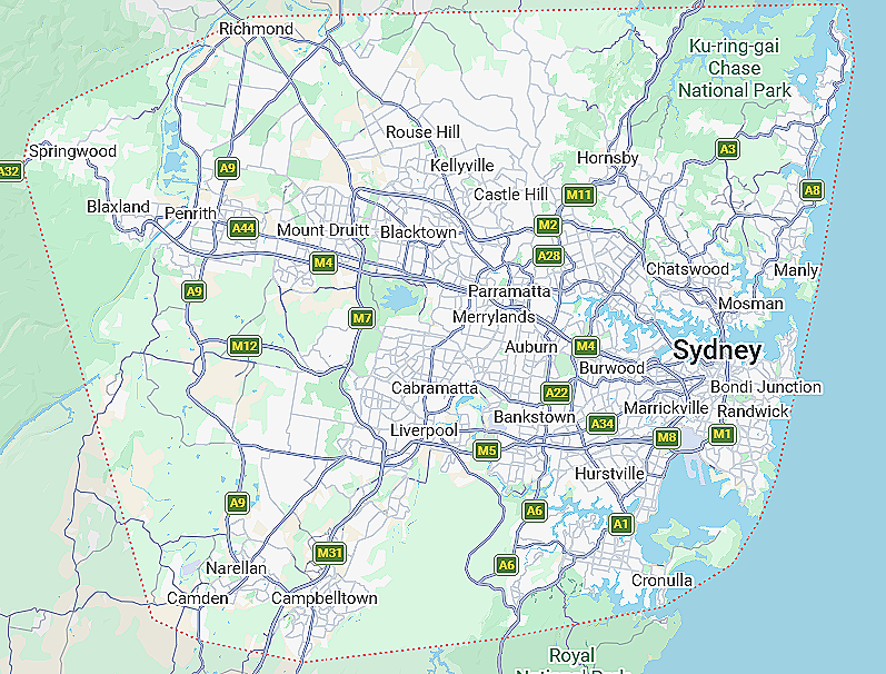 Map of the Sydney area with roads, suburbs, and coastline marked in blue and green.