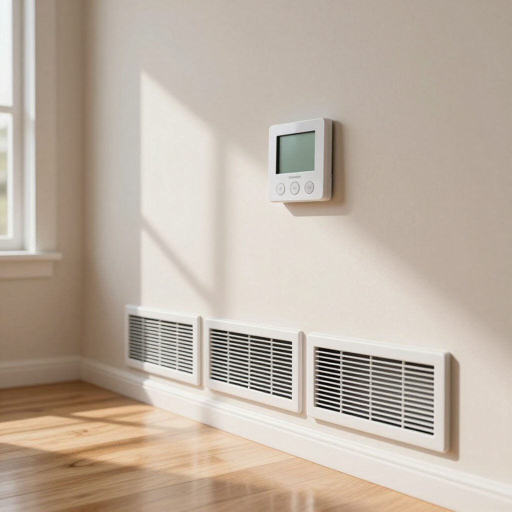Bright room wall with a thermostat above three vents and sunlight on the floor