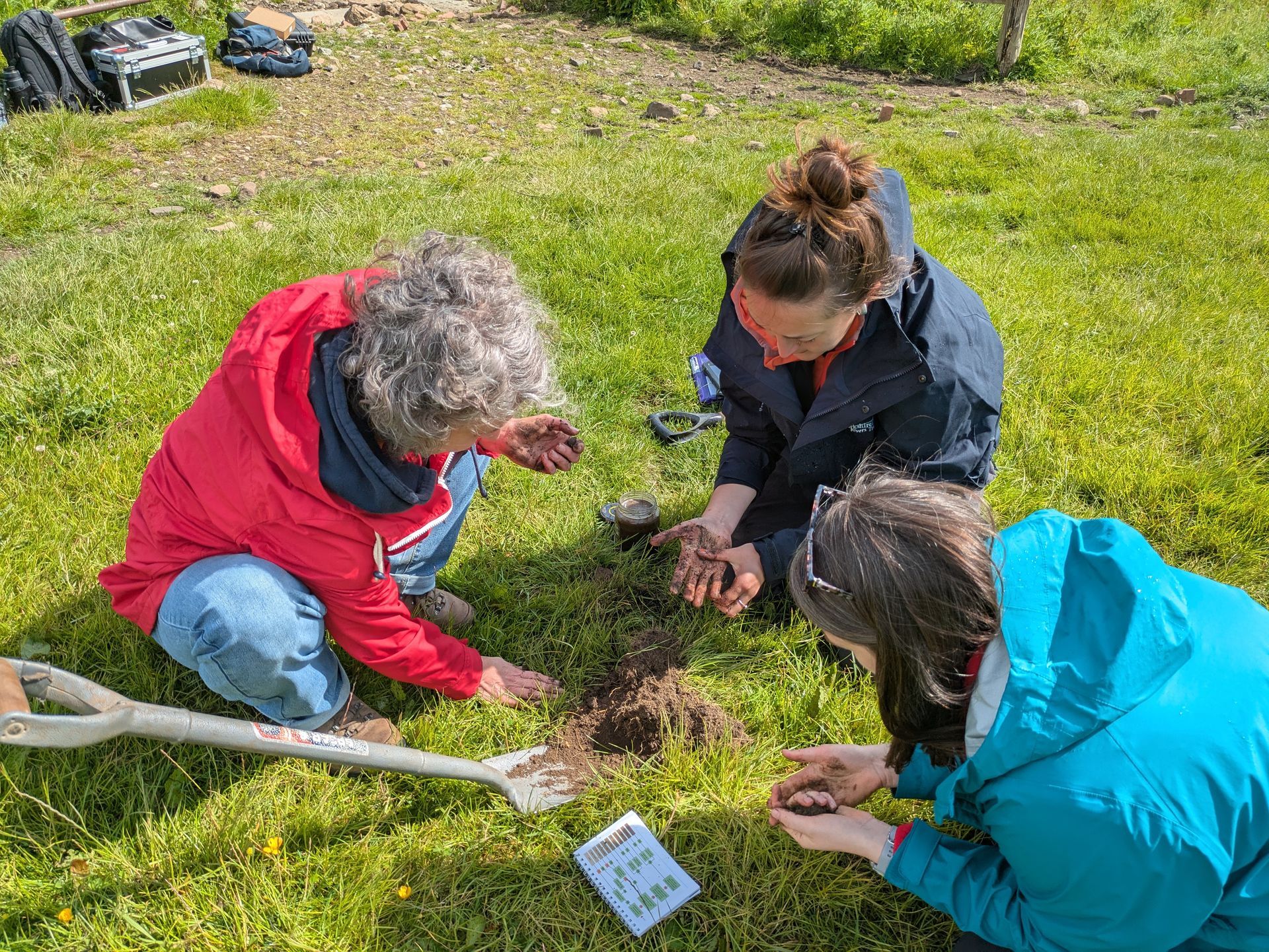 Three women analysing soil in a field.