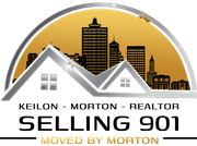 Keilon Morton Realtor selling 901, gold skyline and white house logo with “Moved by Morton” text