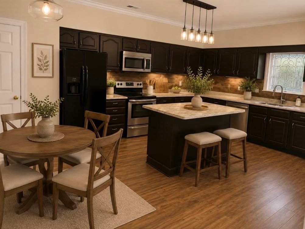 Modern kitchen with dark cabinets, island, dining table, and warm pendant lighting