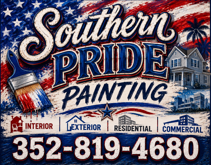 Southern Pride Painting ad with flag background, house graphics, service icons, and phone number 352-819-4680