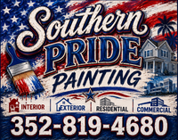 Southern Pride Painting ad with flag background, house graphics, service icons, and phone number 352-819-4680