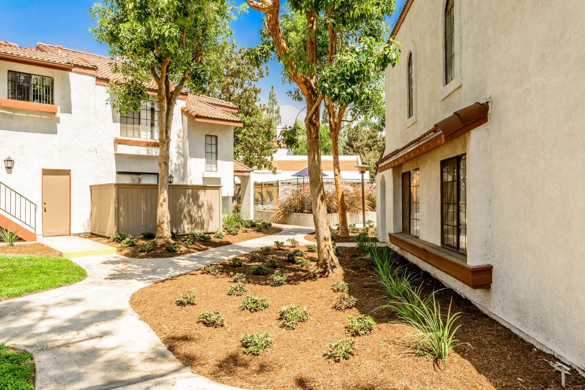 Outdoor courtyard between apartment buildings with trees, walkways, and landscaped beds at Sonora at Alta Loma apartments in Alta Loma, CA.
