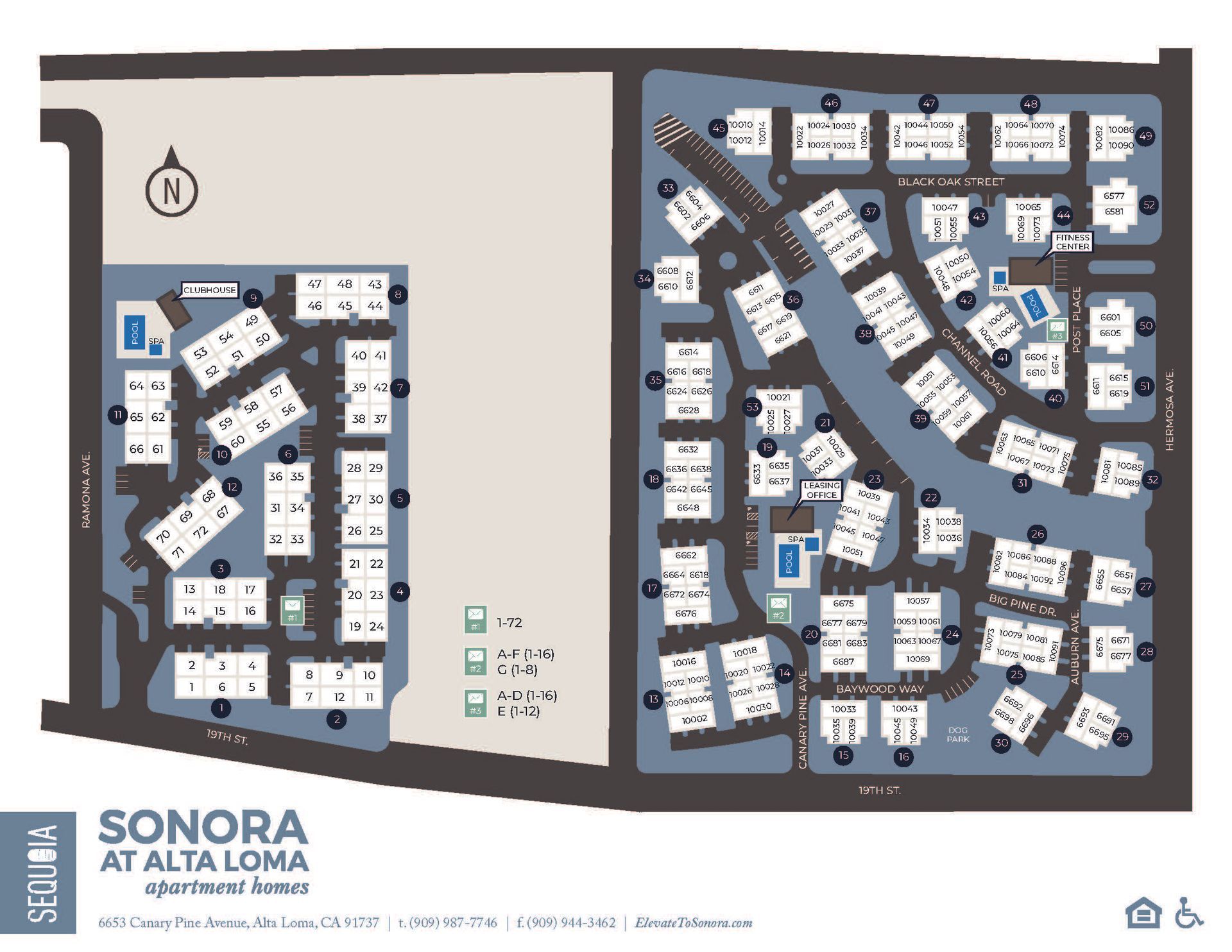 Floor plan map of Sonora at Ataloa apartment complex with two building clusters and unit labels.