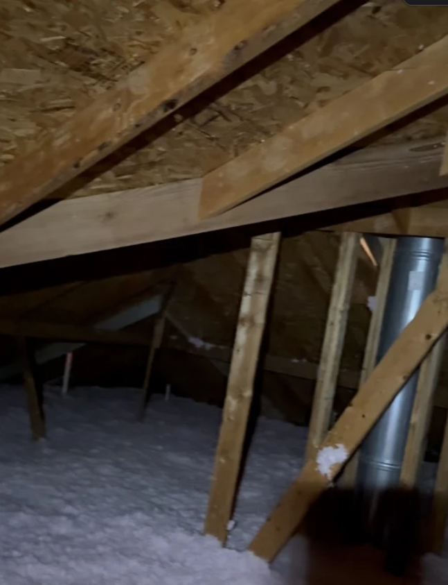 Attic crawlspace with exposed wooden rafters, insulation, and a metal vent pipe.