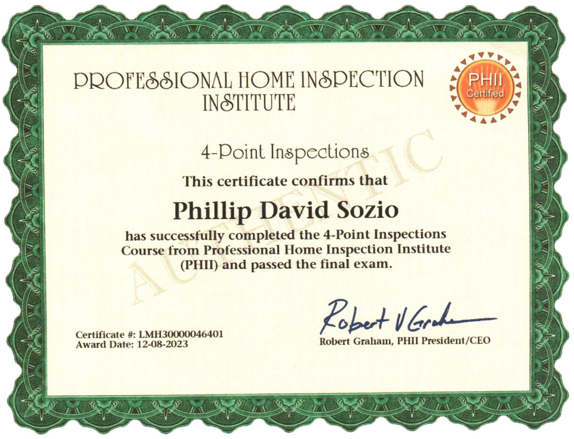 Certificate for Phillip David Sozio for completing 4-Point Inspections course from Professional Home Inspection Institute.
