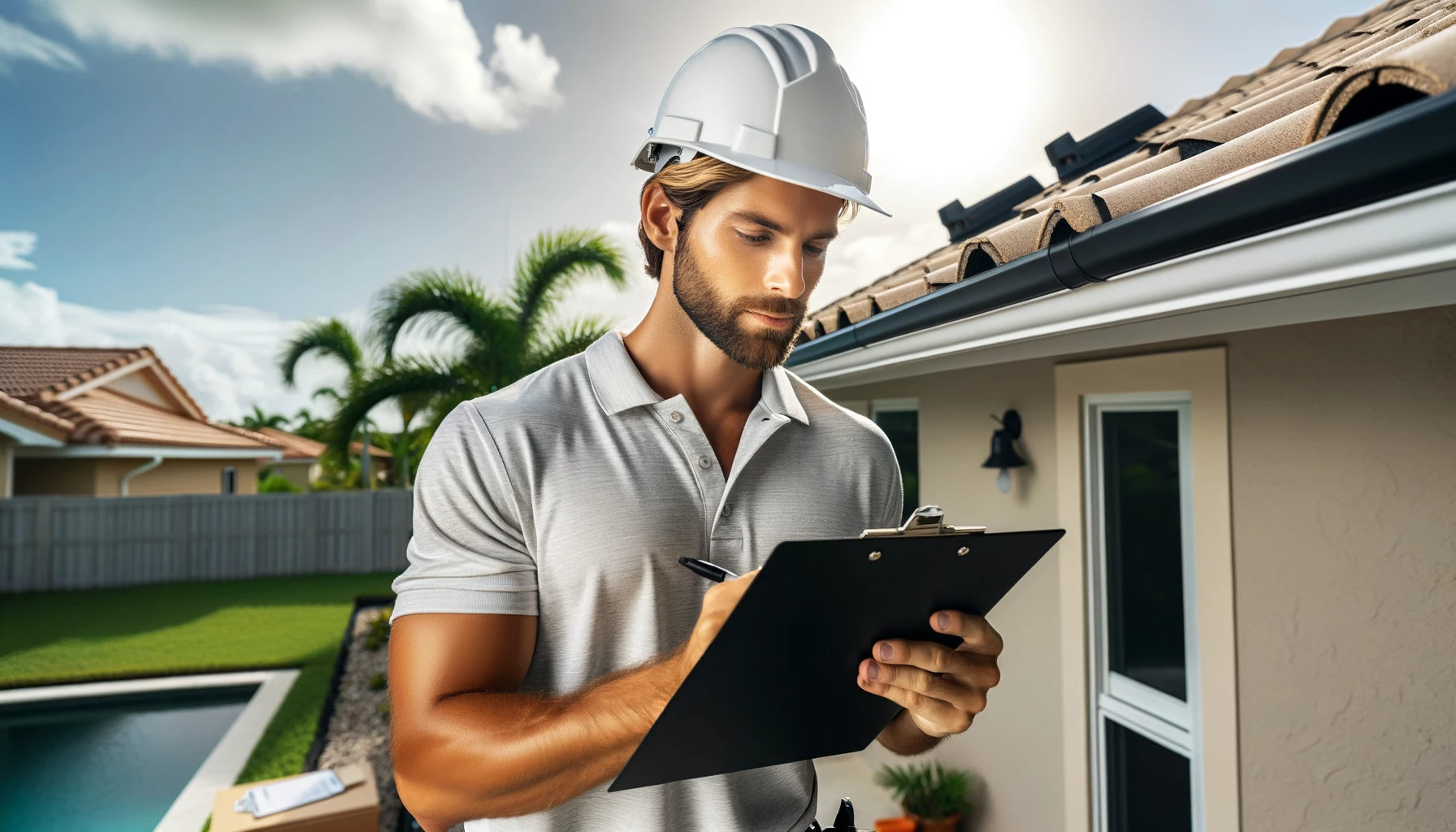 Man in hard hat inspecting a roof, writing on clipboard. Sunny outdoors, near a pool and a house.