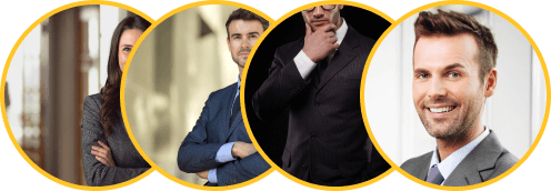 Four professionals in business attire inside gold-edged circles; some smiling, others serious.