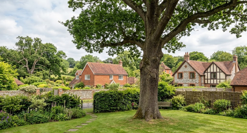 Tree in a green garden with hedges, overlooking brick houses in the background