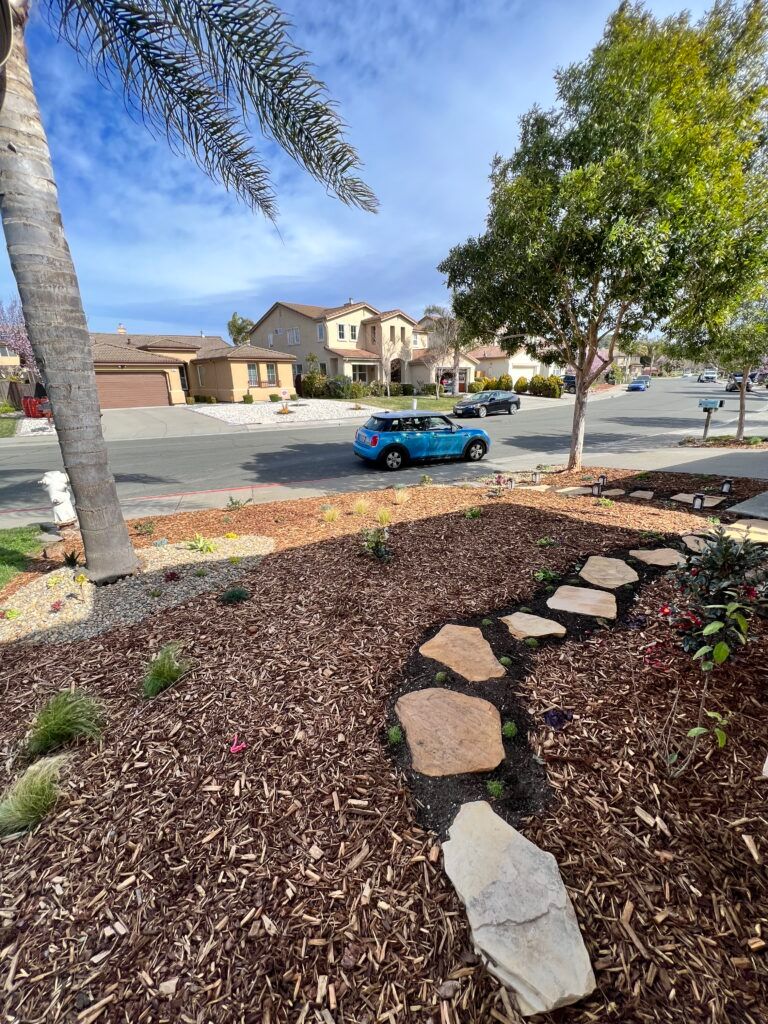 A blue car is parked on the side of the road in front of a house.