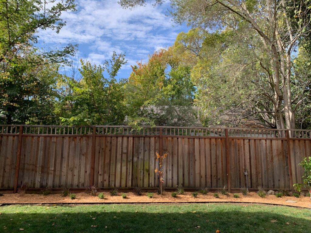 A wooden fence surrounds a lush green yard with trees in the background.