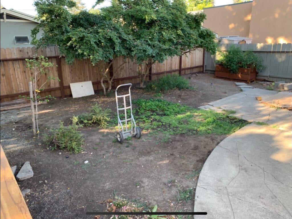 A backyard with a wooden fence and a cart in the middle