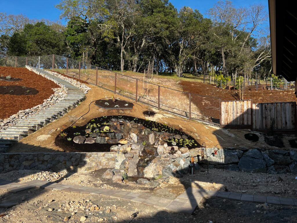 A staircase leading up to a pond in a park with trees in the background.