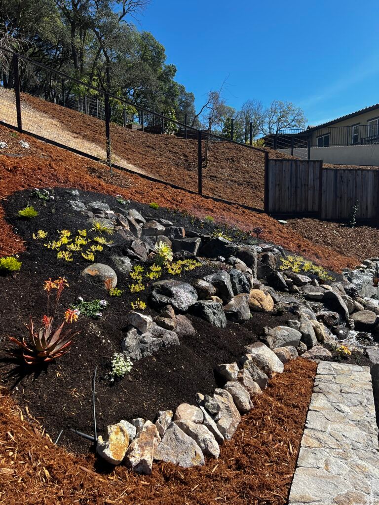 A rock garden with a fence in the background and a house in the background.