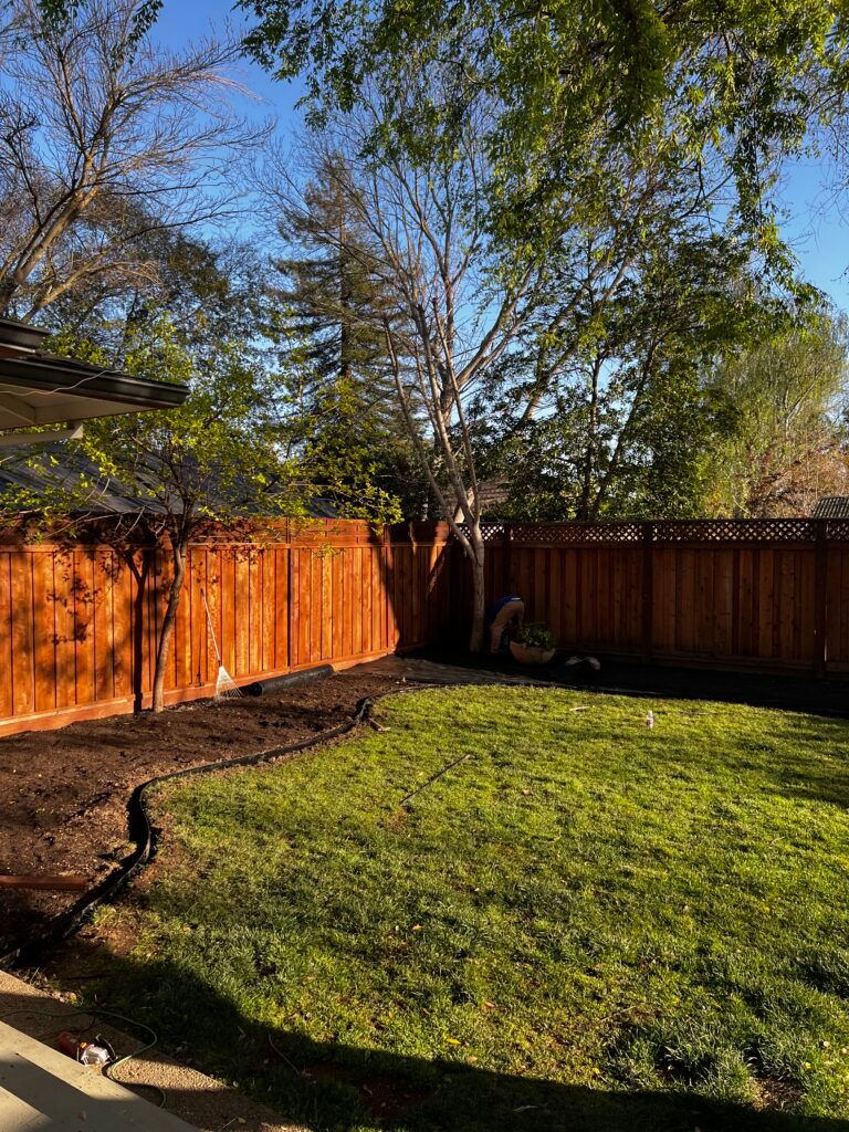 A backyard with a wooden fence and a lush green lawn.