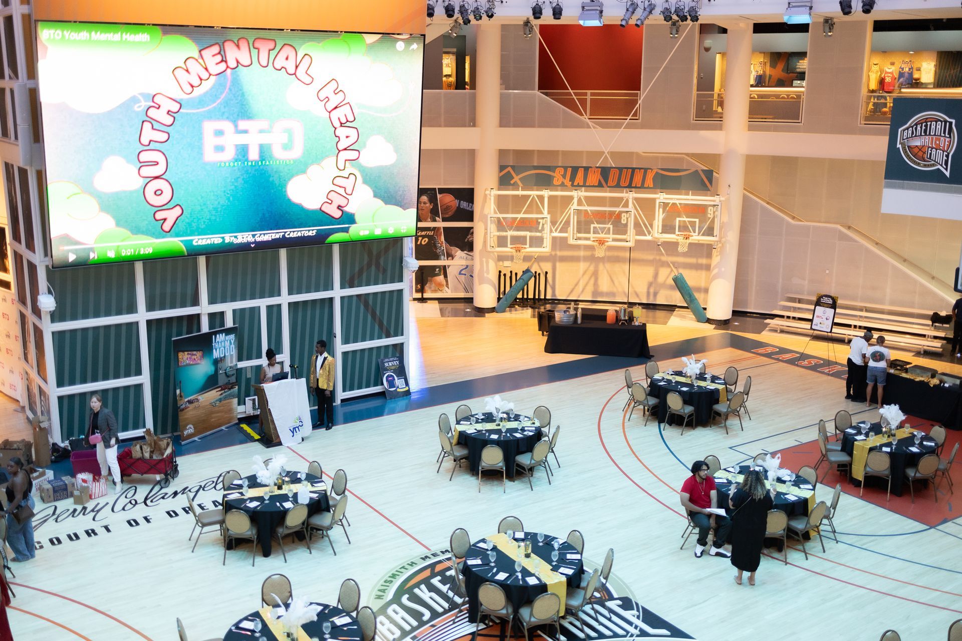 A picture of the set up we did at our Youth Mental Health celebration at the Basket Ball Hall of Fame
