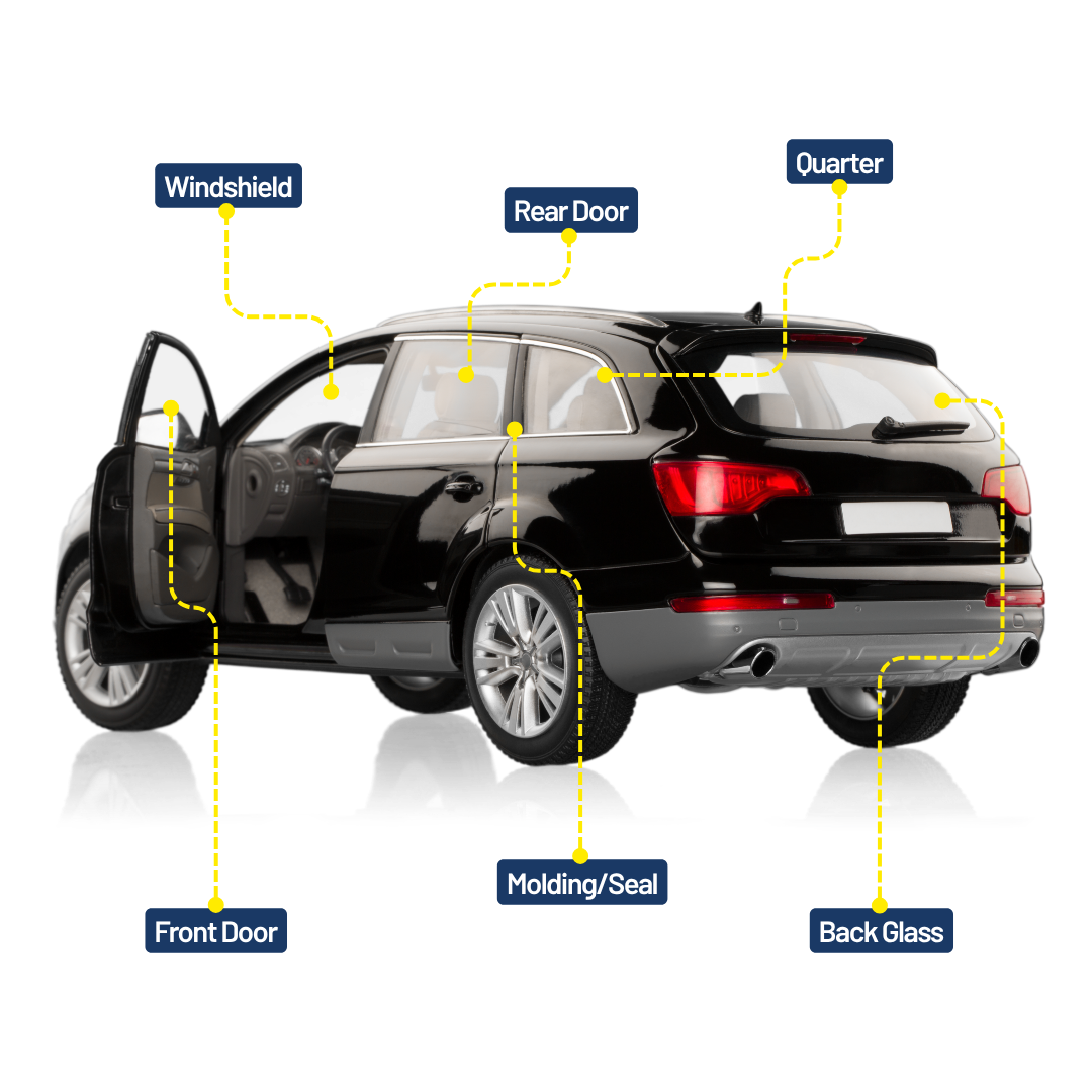 Black SUV with annotated labels for doors, windshield, rear glass, and quarter panel.