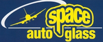 Space Auto Glass logo with a yellow airplane and white/yellow text on a blue background