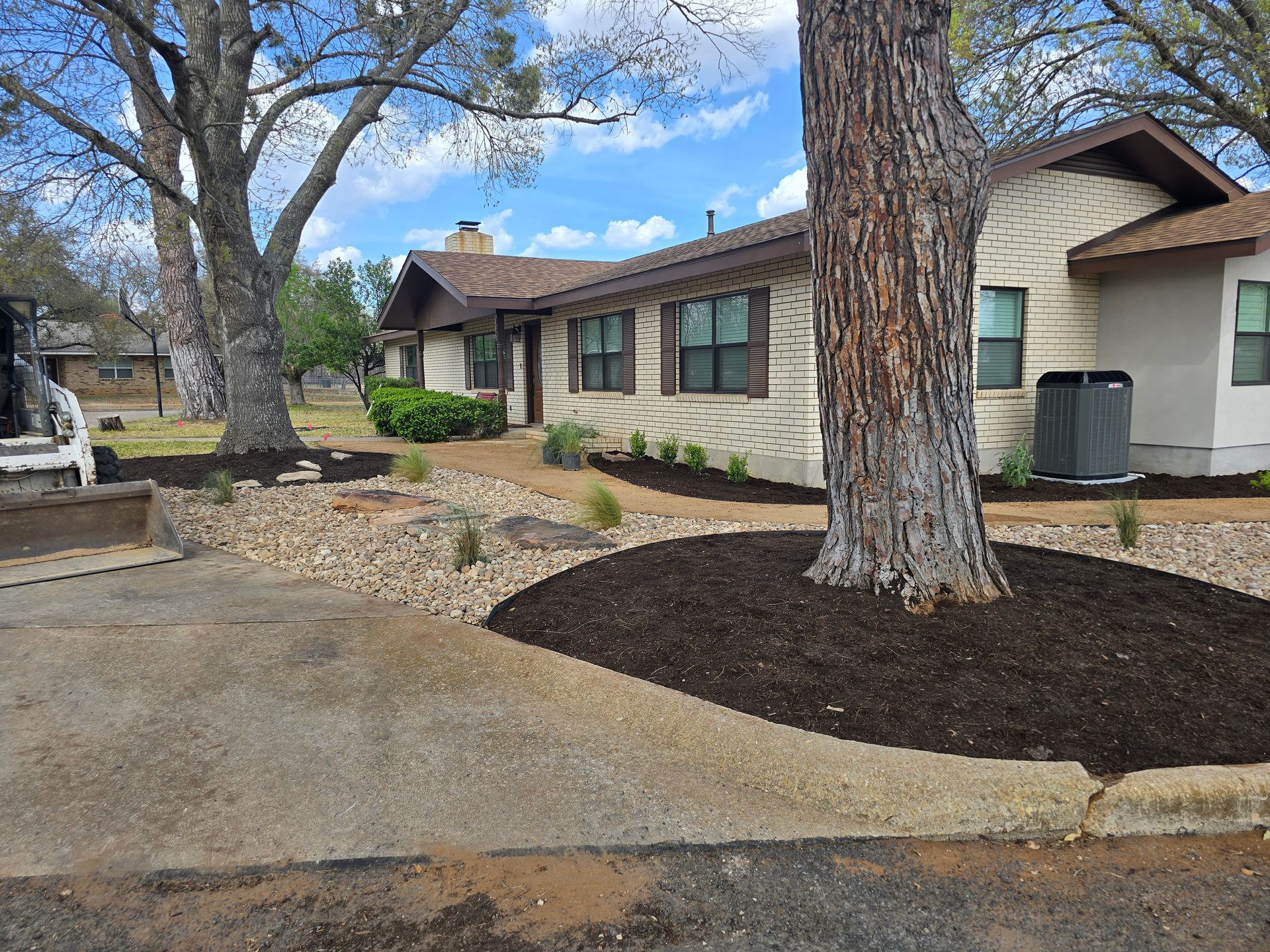 Single-story house with a large tree, concrete walkway, and landscaped yard under a blue sky