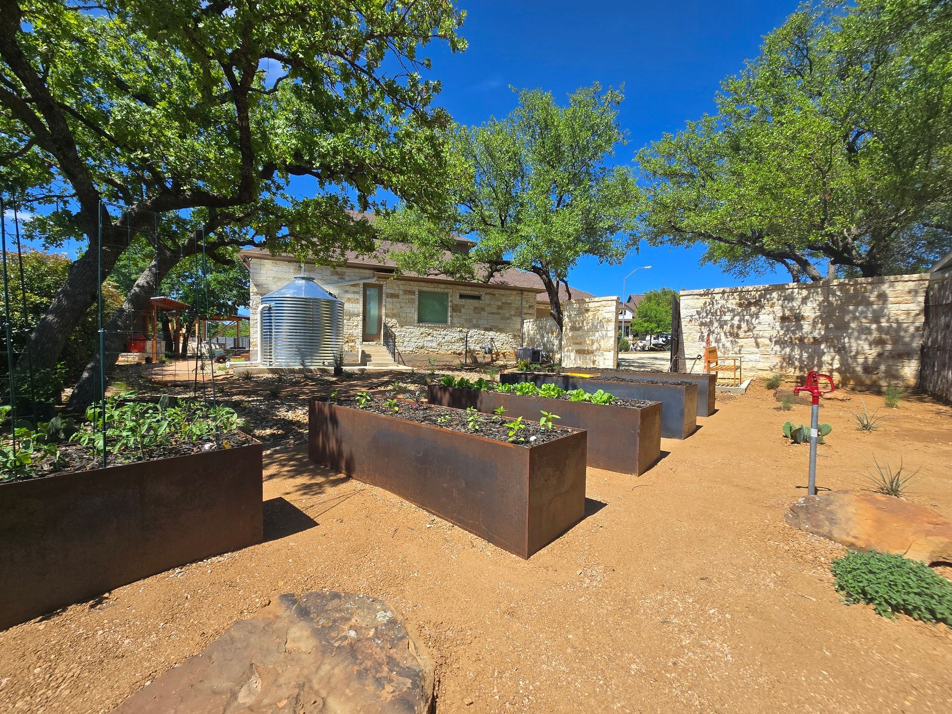 Landscaped courtyard with raised garden beds, trees, stone walls, and a clear blue sky