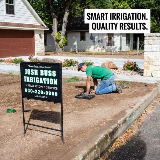 Irrigation worker kneels by a curbside sprinkler with Josh Buss Irrigation sign and “Smart irrigation.