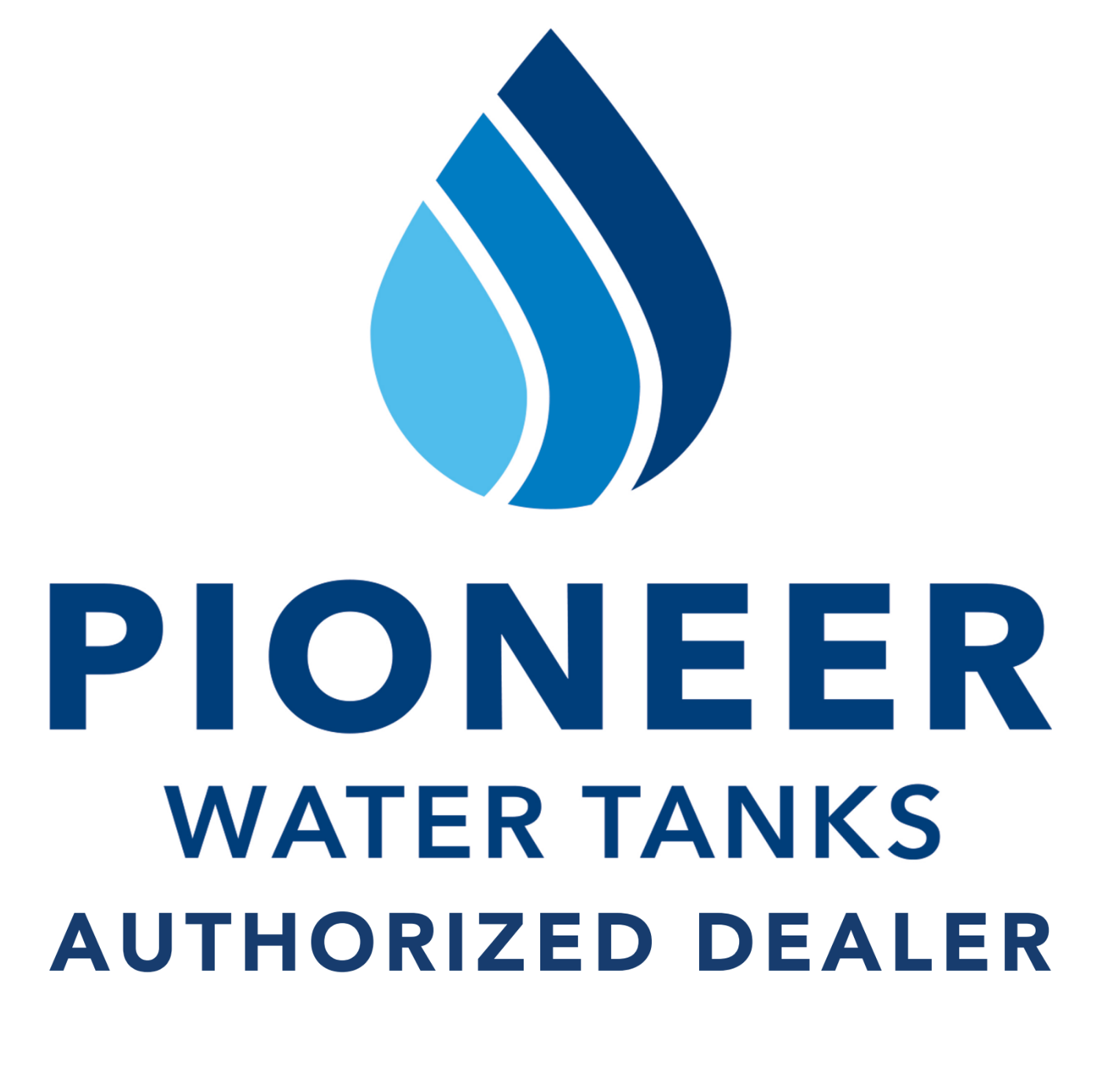 Pioneer Water Tanks authorized dealer logo with blue water droplet icon and text