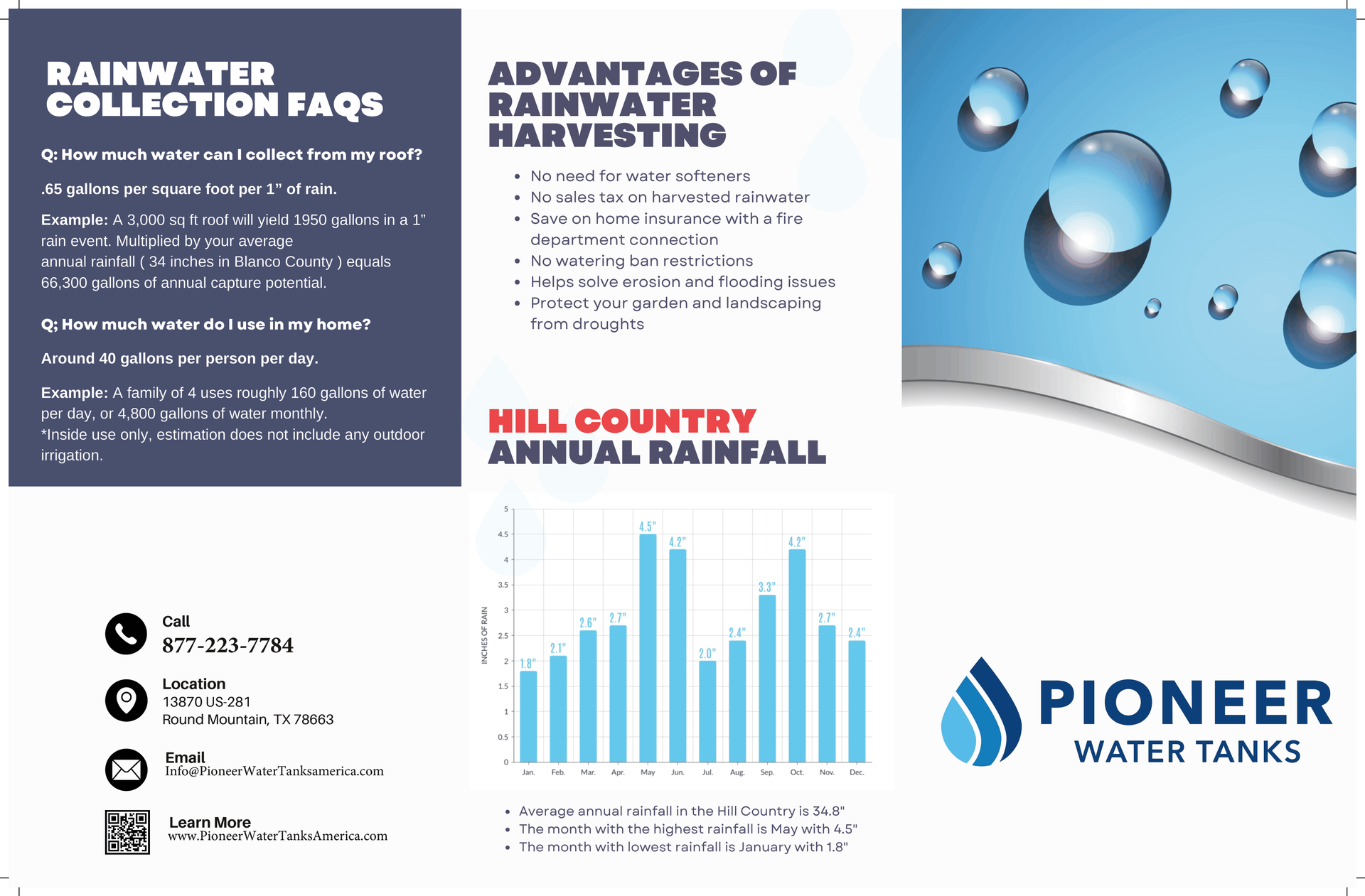 Rainwater harvesting brochure with blue graphics, benefits text, rainfall chart, and Pioneer Water Tanks logo