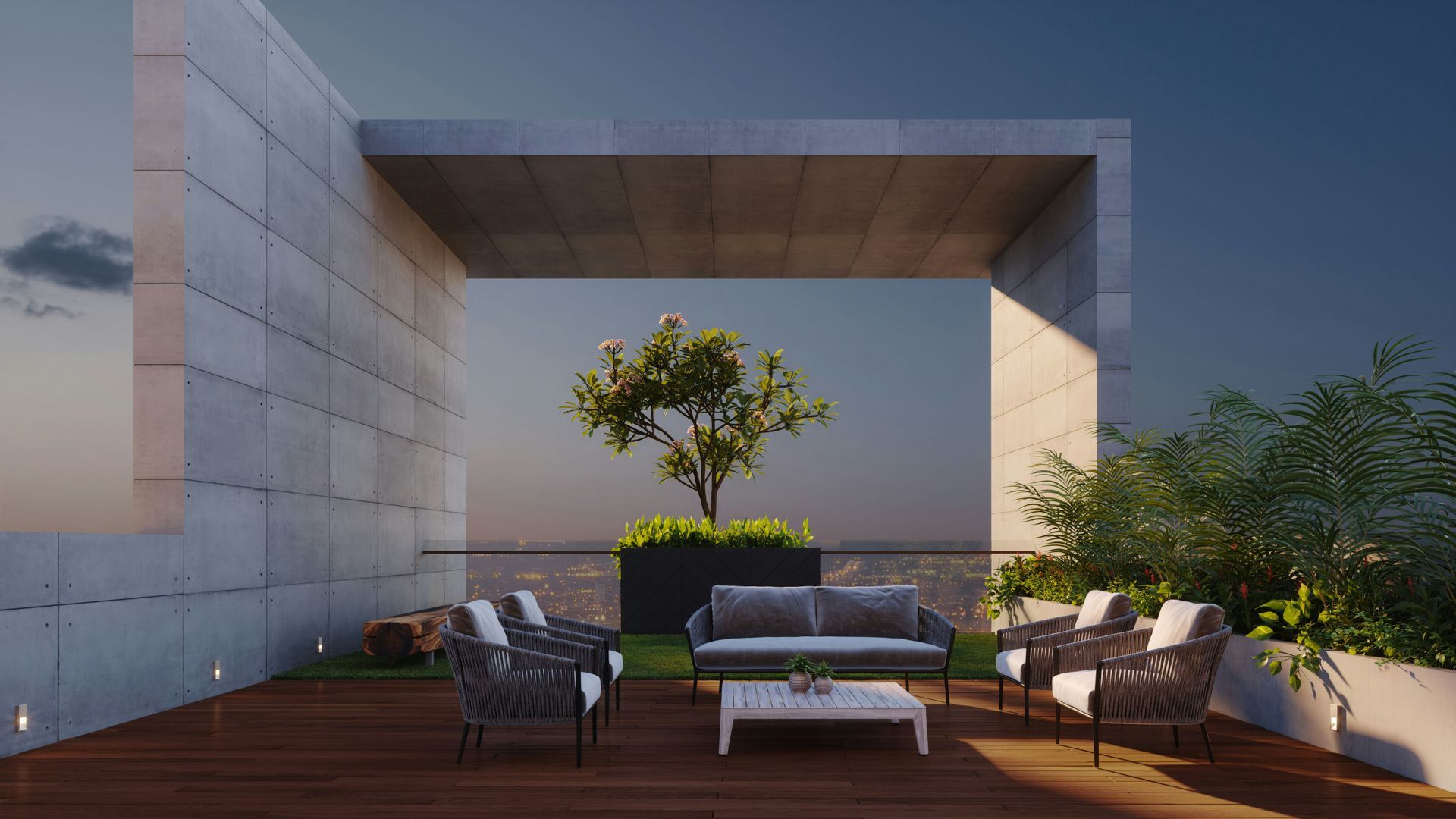 Modern patio lounge with wicker seating, wooden deck, potted plants, and a large stone frame opening to the sky