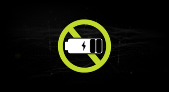 Battery charging icon with a crossed-out battery in a green circle, implying no charging.