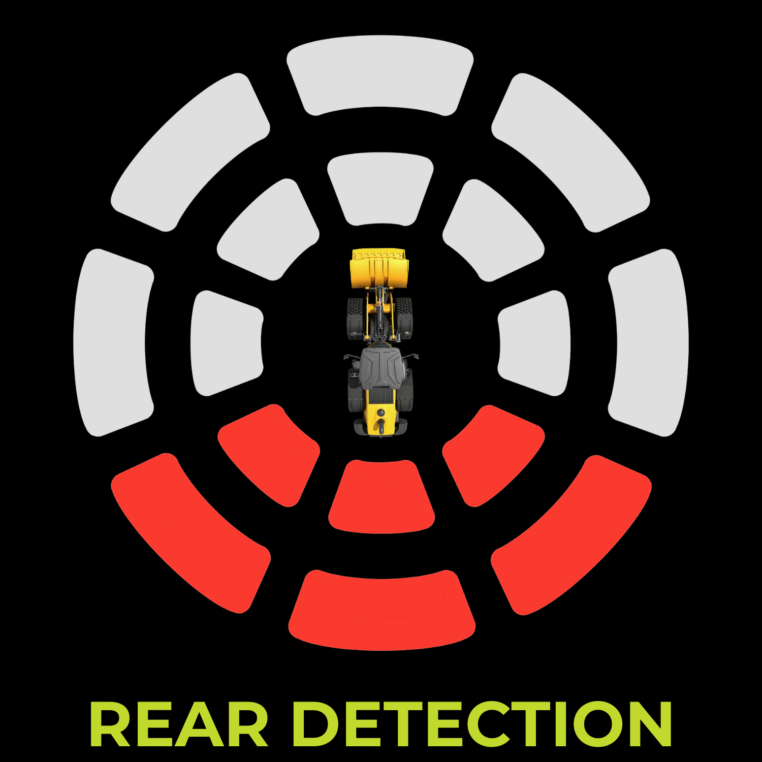 Rear detection sensor graphic shows a yellow construction vehicle in center with red and white rings indicating proximity.