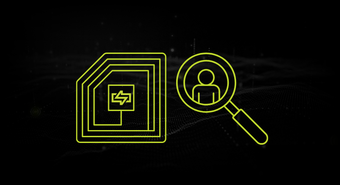 RFID icon with a user profile icon under a magnifying glass on black background. Indicates person-specific detection