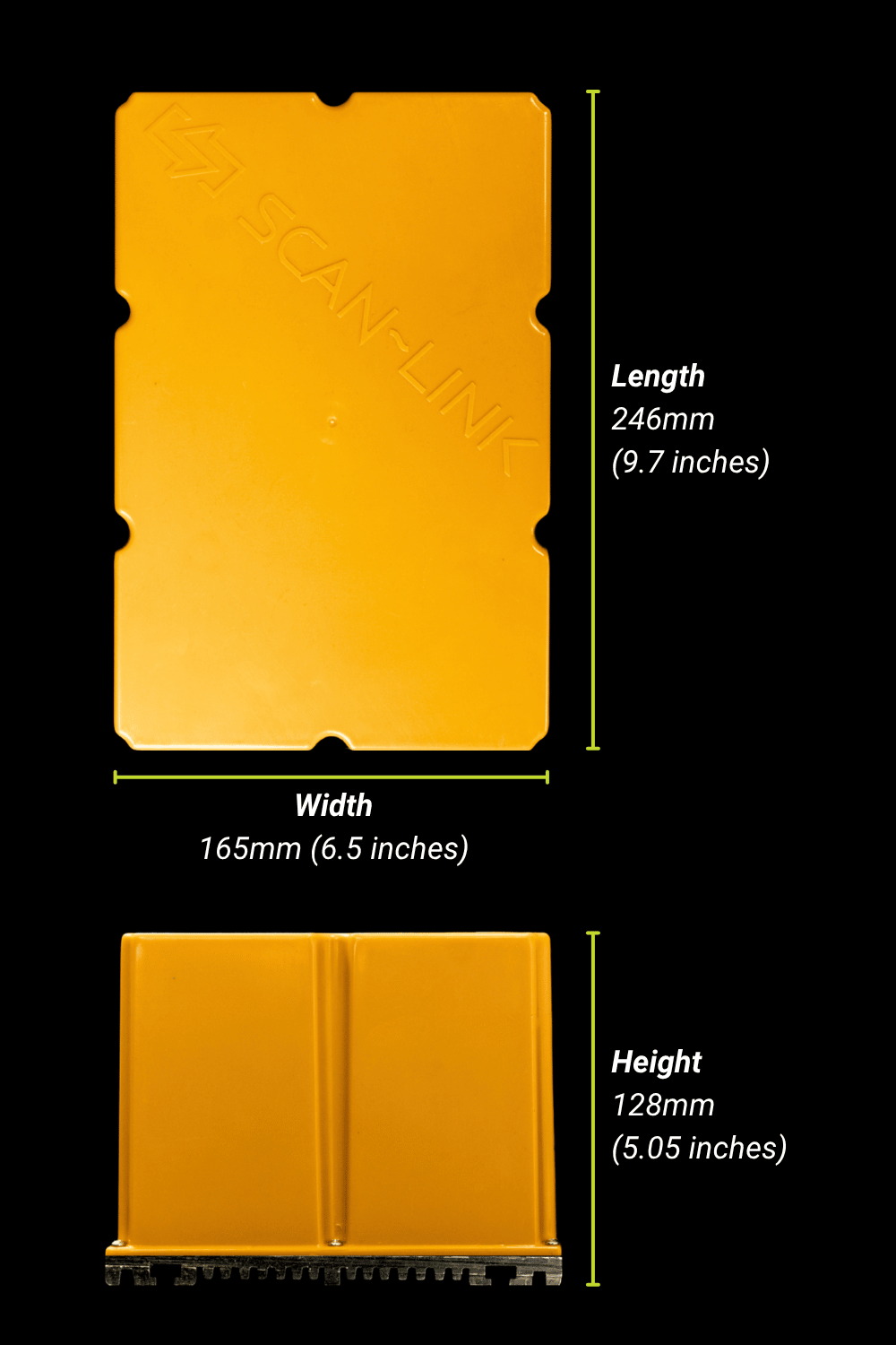 Orange tablet with dimensions: length 246mm, width 165mm, height 128mm.