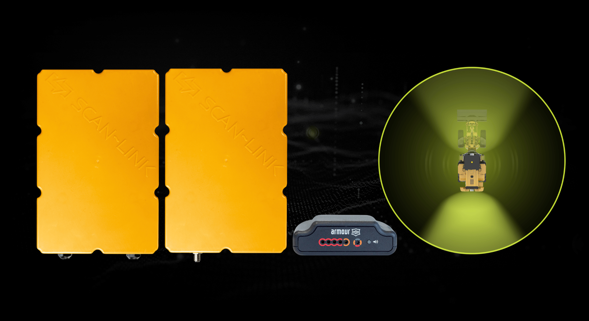 Two yellow, rectangular panels side by side, with a remote control to the right. Dark background.