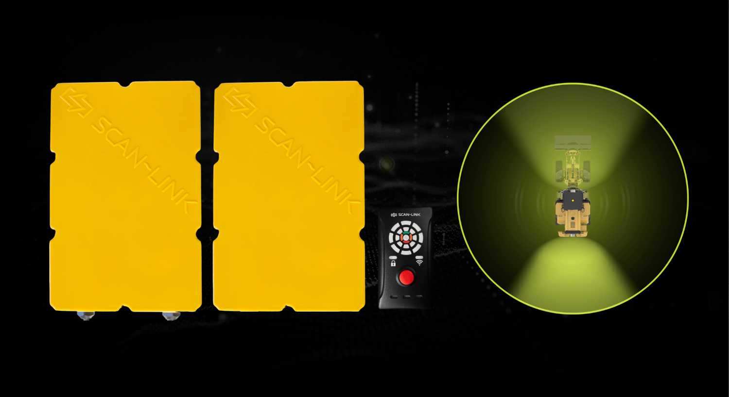 Two yellow SCAN~LINK antennas beside a display unit, with a top-down diagram of two detection zones on a loader