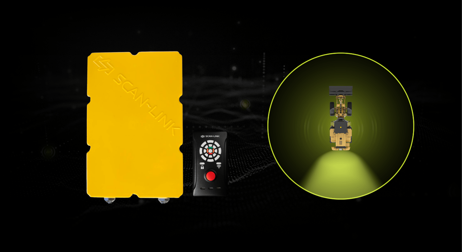 Yellow SCAN~LINK antenna beside a display unit, with a top-down diagram of a detection zone on a loader
