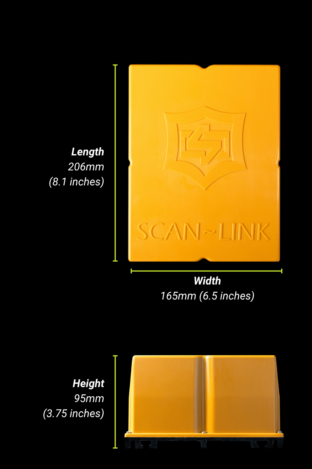Diagram of a rectangular SCAN-LINK device with length, width, and height dimensions in mm and inches.