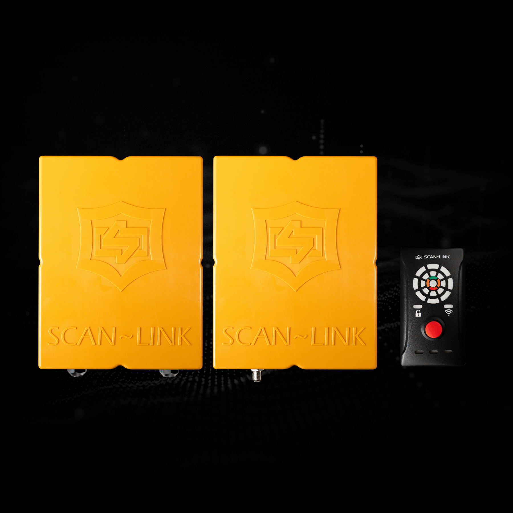 Two white SCAN-LINK safety sensor units and a small, handheld black remote control on a black background.