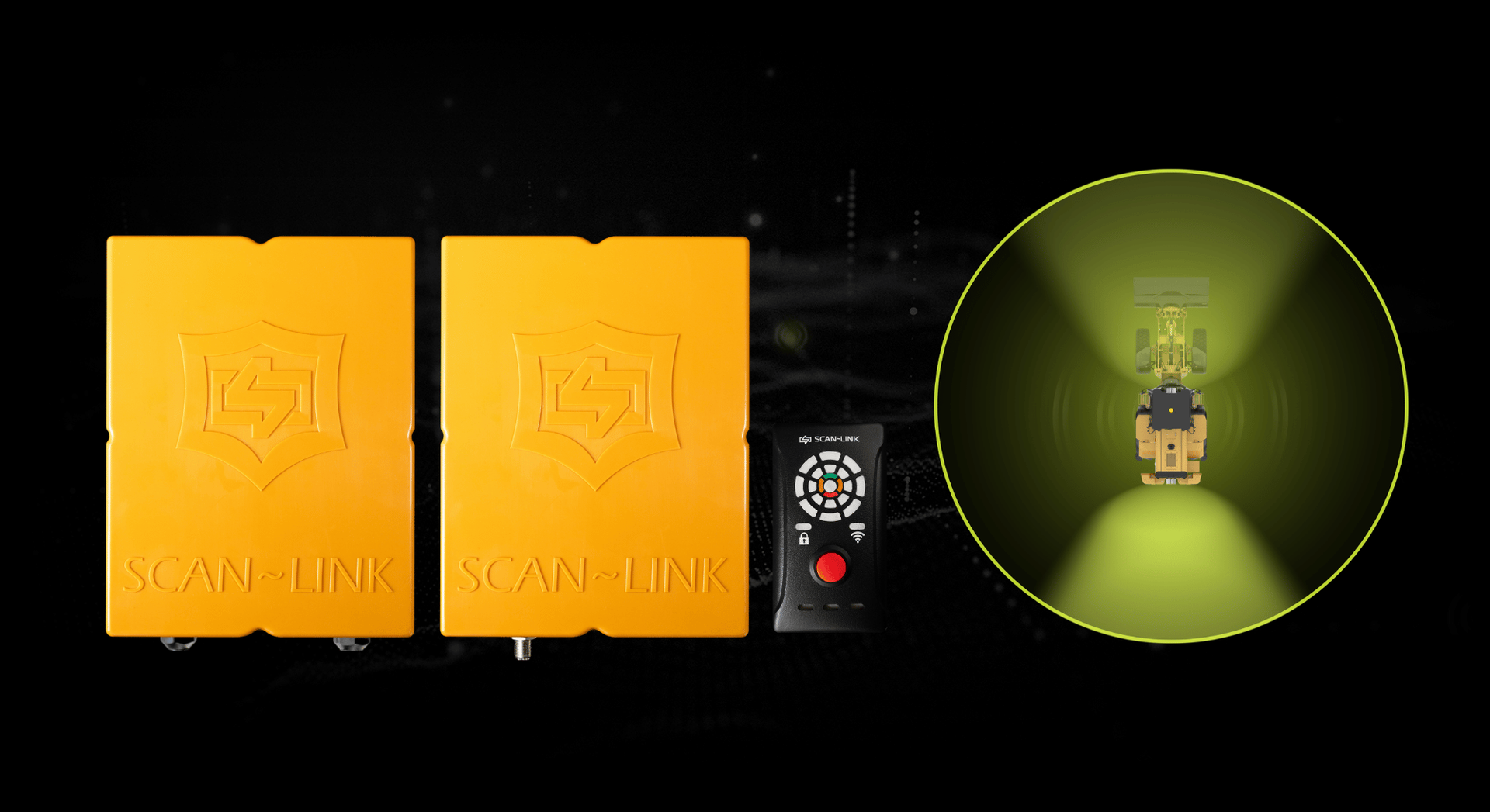Two yellow, rectangular panels side by side, with a remote control to the right. Dark background.