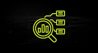 Neon yellow analytics magnifying glass with bar chart and linked data nodes on black background