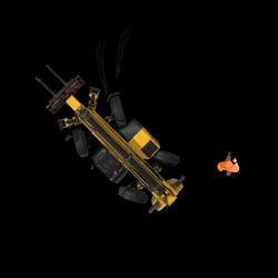 A loader backing up quickly about to hit an unaware worker.