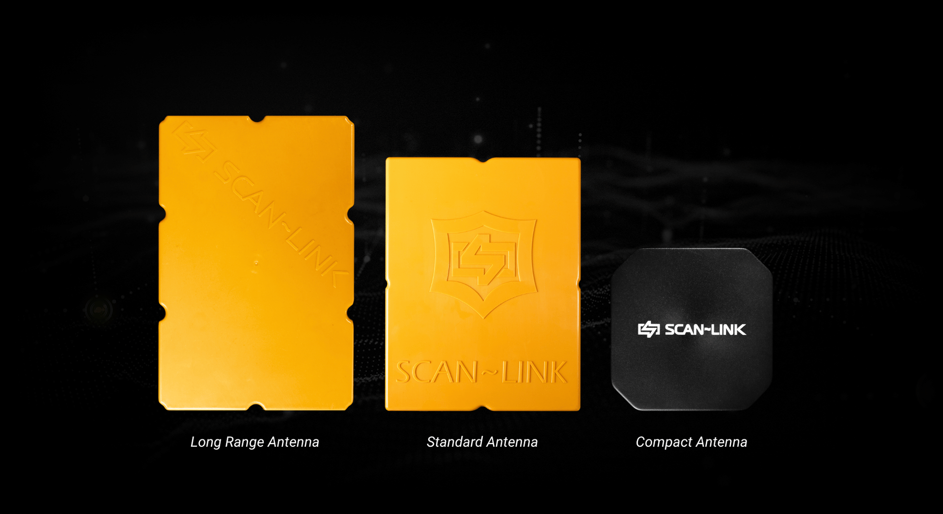 Three SCAN~LINK antenna units. One yellow, one grey, and one black, varying in size