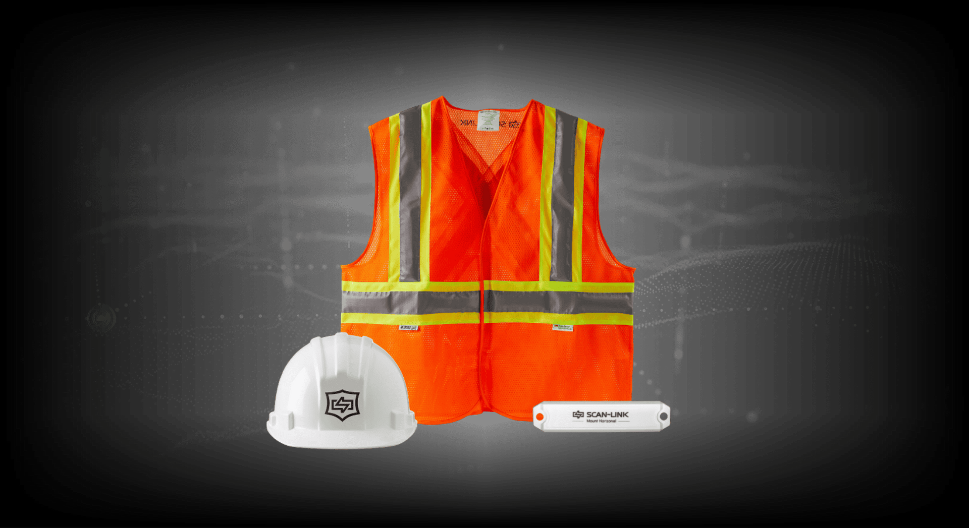 Orange safety vest with reflective stripes, hard hat, and small flashlight on a dark background